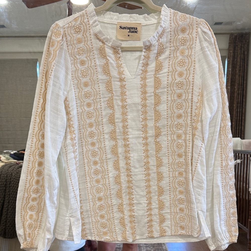Savanna Jane Cream and Brown Embroidered Blouse